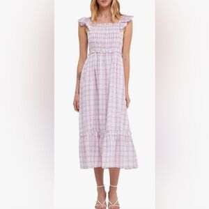 English Factory Light Pink Plaid Smocked Midi Dress